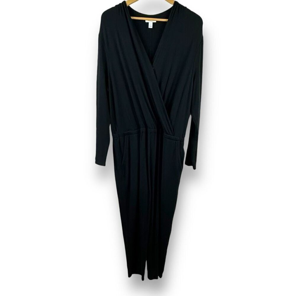 Daily Ritual Women's XL Long Sleeve Faux Wrap Jumpsuit Solid Black Comfy Casual